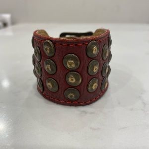 Red Leather Cuff with Gold Studs